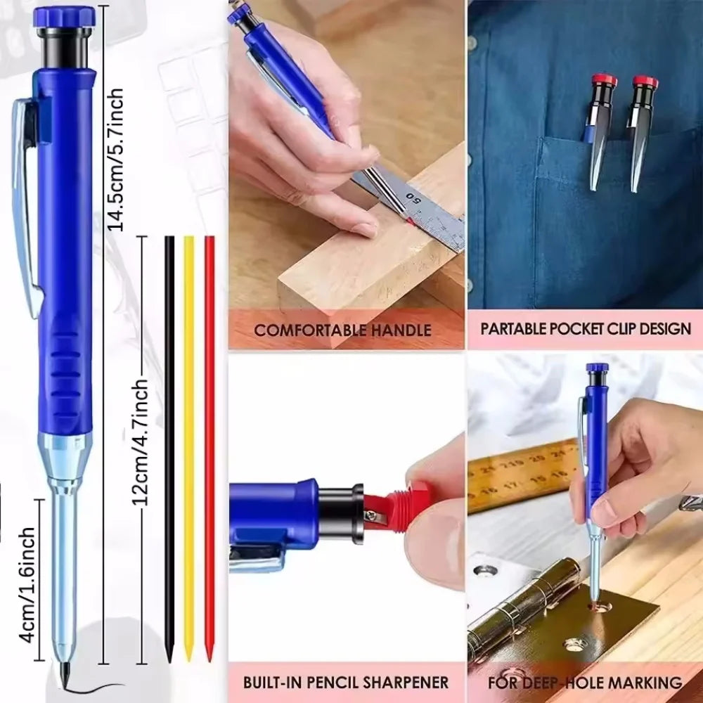 Solid Carpenter Pencil Set Woodworking Tools Mechanical Pencil 4 Colors Refill Construction Job Tools Carpentry Marking Scriber