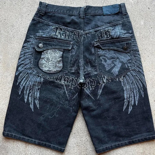 2025 Summer New Fashion Oversized Print Casual Denim Shorts Men Y2K Harajuku Vintage Hip Hop Casual Joker Couple Pants