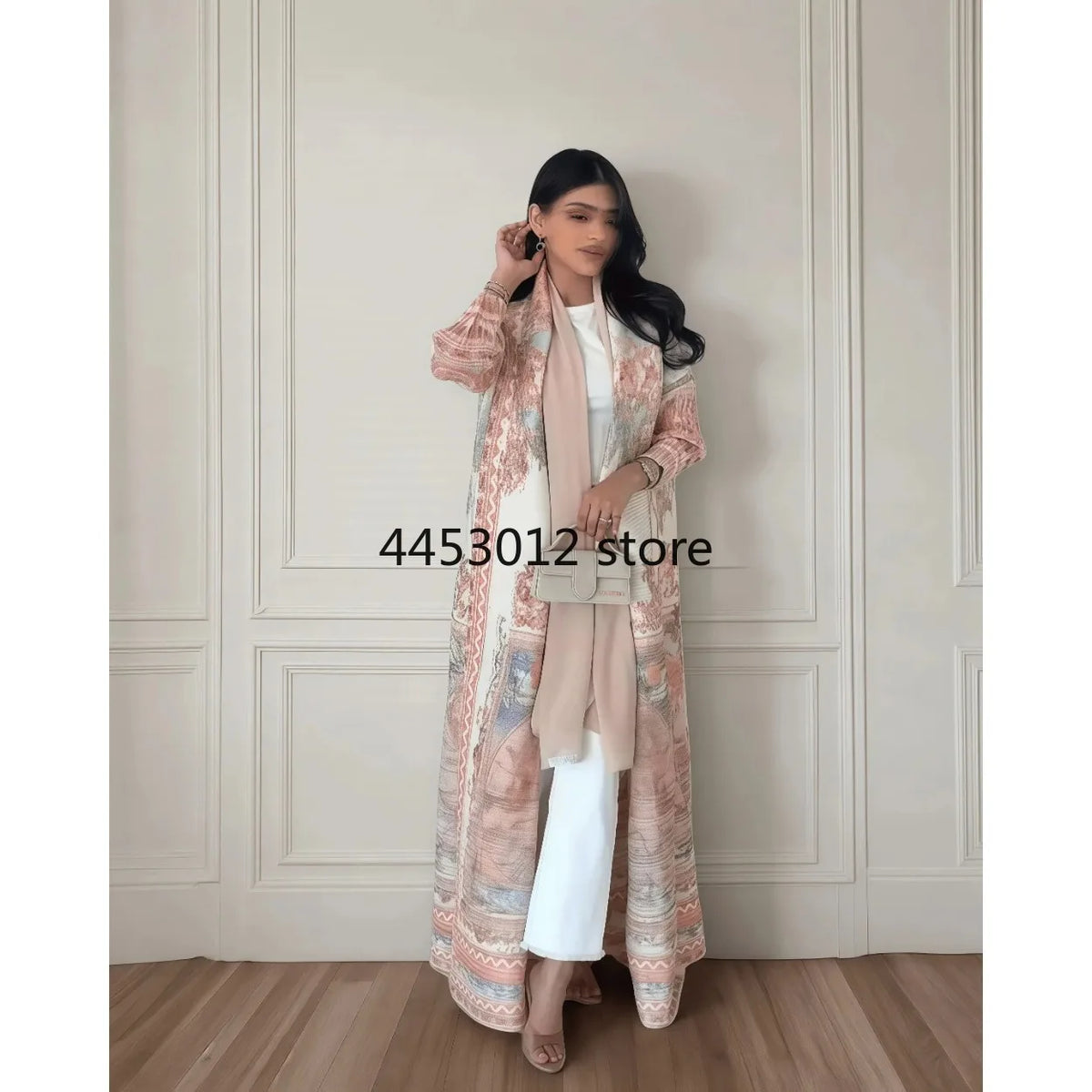 Autumn Women's Long Coat, Retro Printed Long Sleeved Muslim Abaya Saudi Fashion Wrinkled Waist Belt