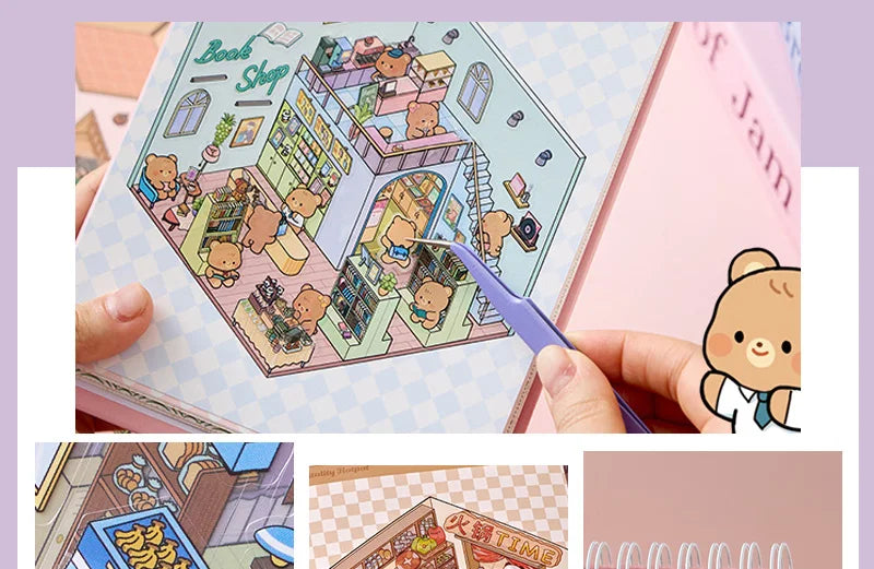 3D Diorama Sticker Book 20 Pages Mini Scene Cute Cartoon Animal Ghosts Theme DIY Scrapbook Toy Fun Stress Relief Kids Adult Gift