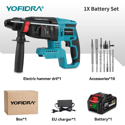 YOFIDRA Brushless Electric Hammer Impact Drill 26MM Cordless Woodworking Impact Drill Power Tools Set For Makita 18V Battery Pin
