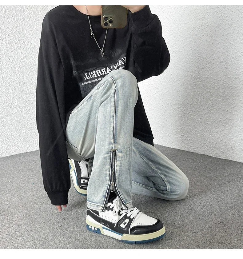 2024 Spring Autumn Korean Men Fashionable Retro Street Jeans Zip Design on Trouser Legs Straight-leg Denim Pants Men's Clothing