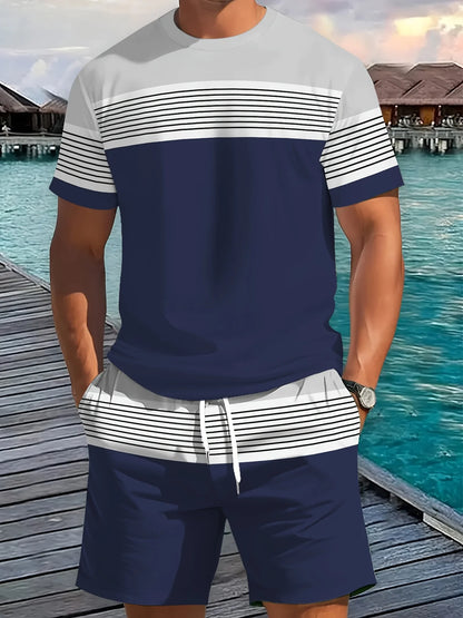 2026 Summer New Arrival Men's Casual Two-Piece Set Striped Print Short-Sleeve Shirt and Athletic Shorts Set Men's Fitness Set