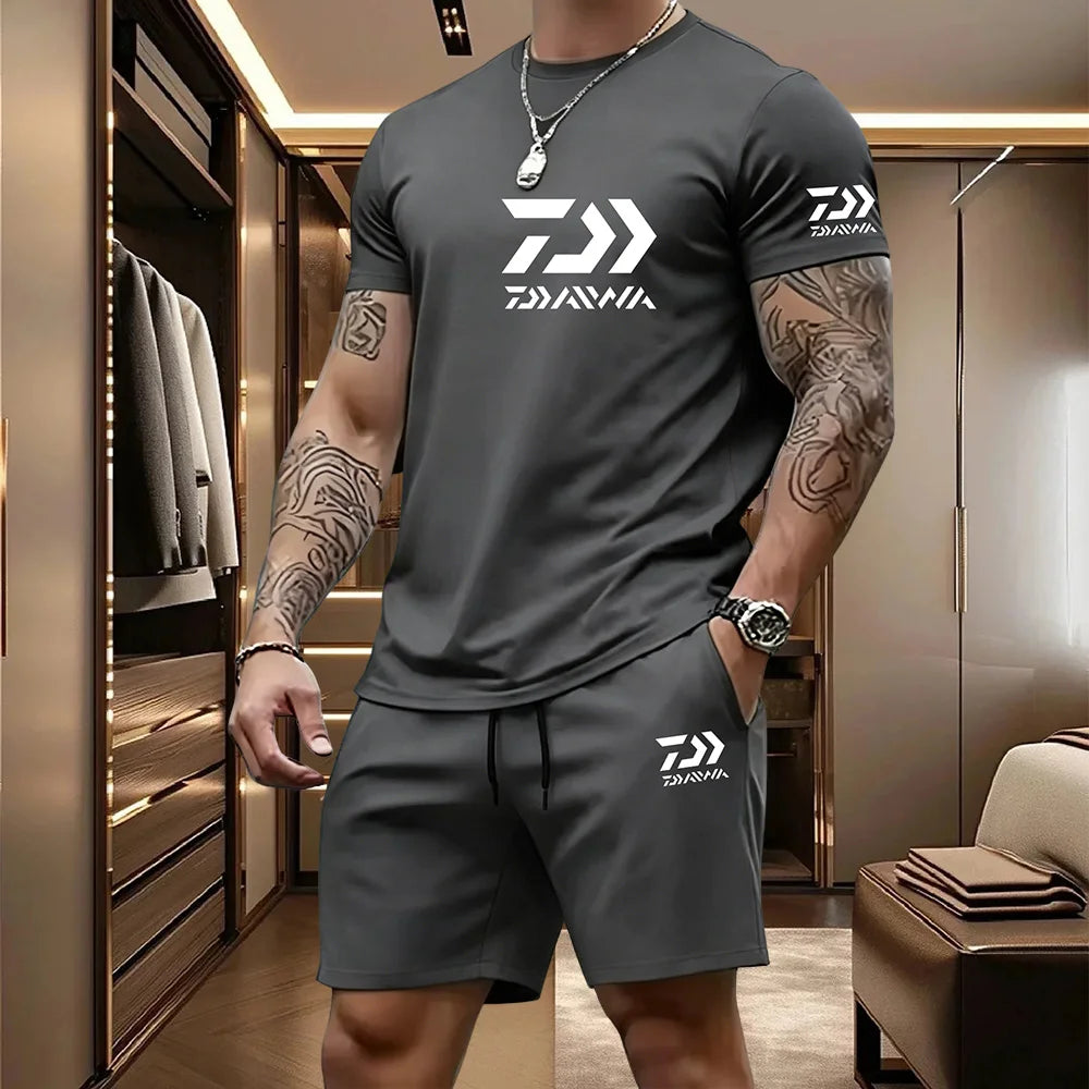 2026 Summer Men's Short Sleeved T-shirt Drawstring Shorts Set Breathable Outdoor Sports Set Men's Daily Fishing Suit