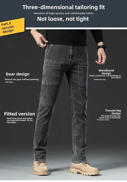 Spring Summer Thin Six Pocket Men's Jeans Elastic Straight Leg Casual Slim Fit Jeans Versatile Multi-Pocket Long Y2K Denim Pants