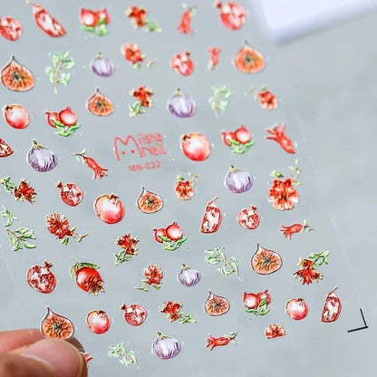 Lovely Red Fruit Strawberry Cherry Bowknot Love Heart Star Silk Ribbon 5D Nail Art Stickers Chic Self Adhesive Manicure Decal