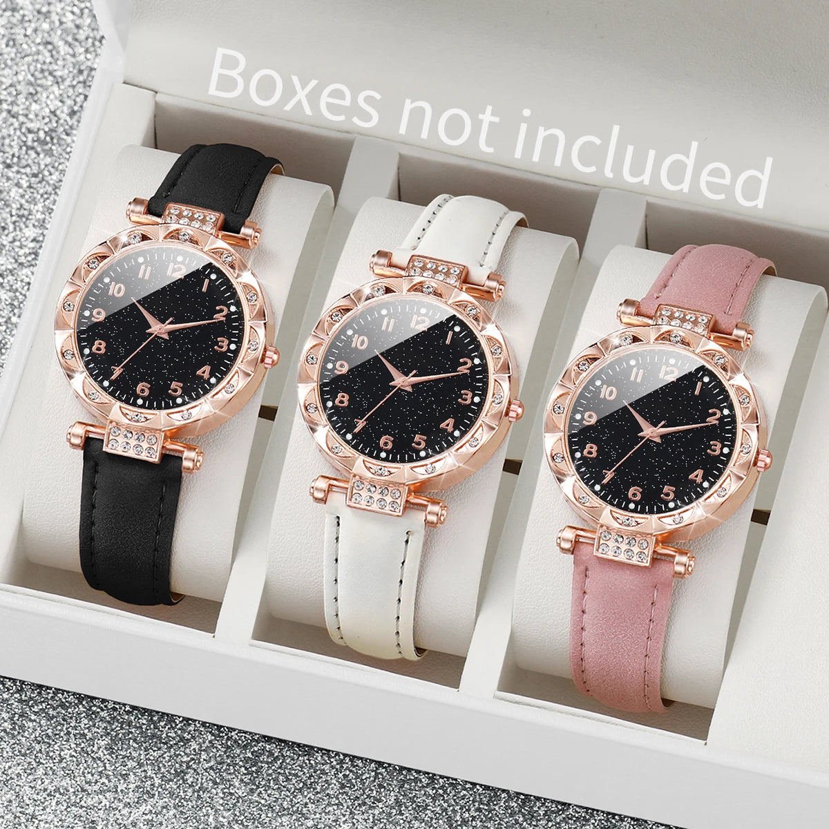 3PCS Women Watches Fashion Rhinestone Heart Dial Quartz Watch Female Leather Band Wristwatches Set（Without Box）