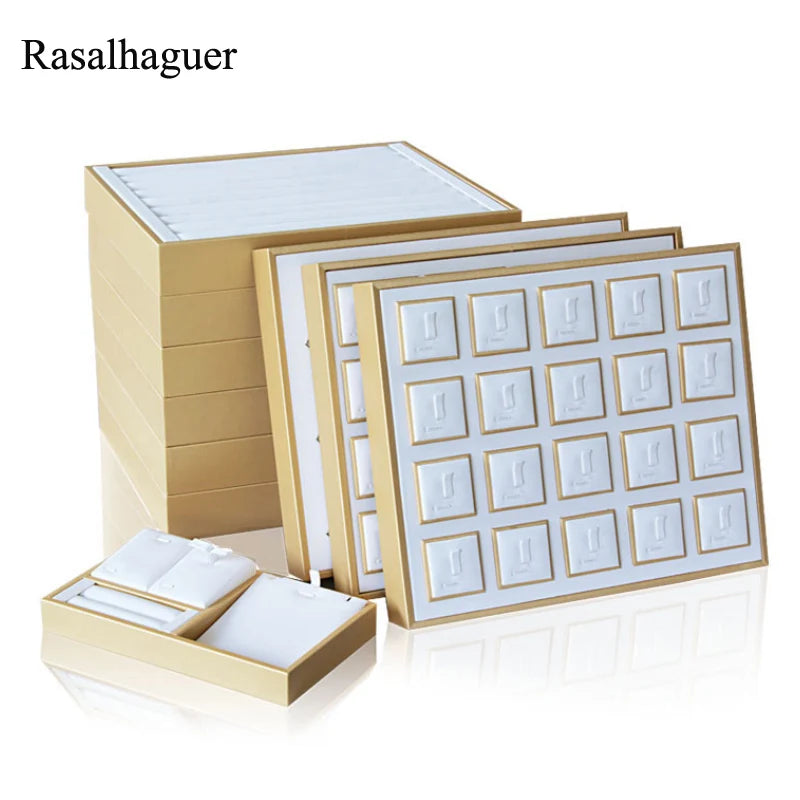 Luxury Gold White PU Leather Necklace Ring Earring Holder Jewelry Tray Series Jewelry Disply Jewellery Organizer Box