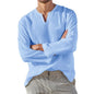 Men's Cotton Linen Shirt Cozy Solid Color Long Sleeve Breathable Tops V Neck Casual Blouse Hawaiian Shirt Lightweight Shirts