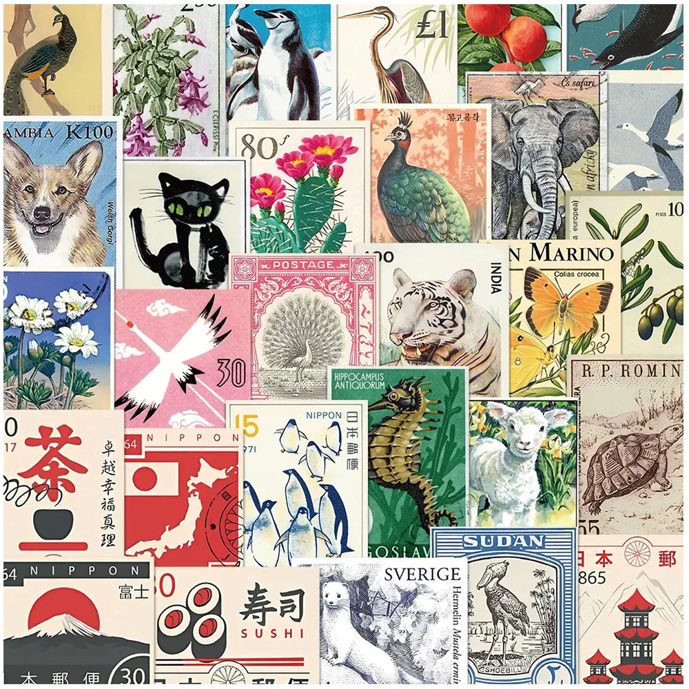 10/30/50pcs Retro Stamp Cartoon Stickers Decals Waterproof Graffiti Stationery Phone Case Laptop Artsy Aesthetic Sticker Packs