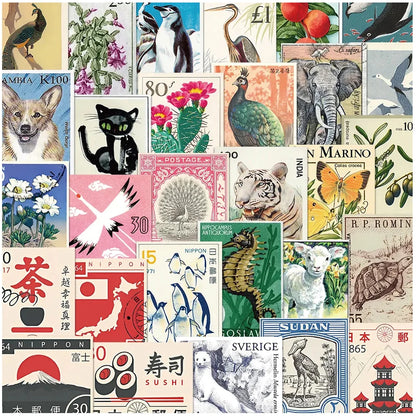 10/30/50pcs Retro Stamp Cartoon Stickers Decals Waterproof Graffiti Stationery Phone Case Laptop Artsy Aesthetic Sticker Packs