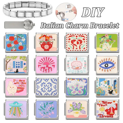 Fashion Drip Glaze Blue Eyes Colorful Butterfly Italian Charm Links Fit 9mm Stainless Steel Bracelet Jewelry DIY Making Beads
