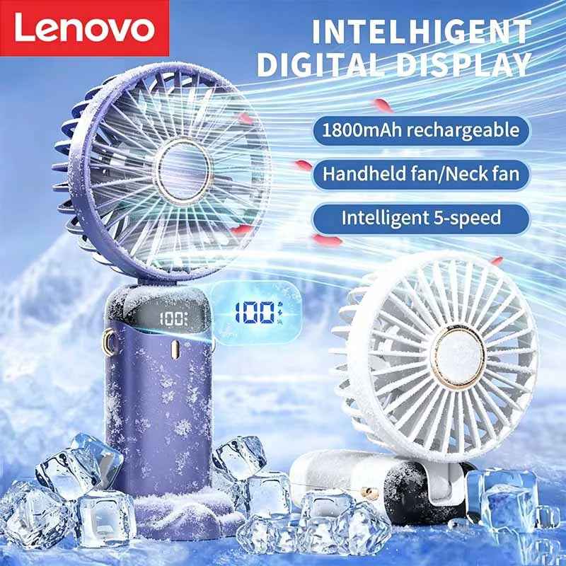 Lenovo Portable Handheld Fan Foldable Neck Hanging Fans 5 Speed USB Rechargeable Fan with Phone Stand & Display Screen 1800mAh