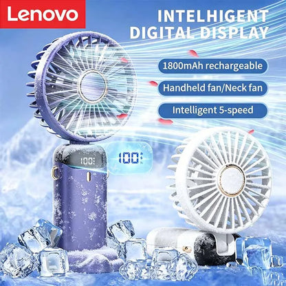 Lenovo Portable Handheld Fan Foldable Neck Hanging Fans 5 Speed USB Rechargeable Fan with Phone Stand & Display Screen 1800mAh