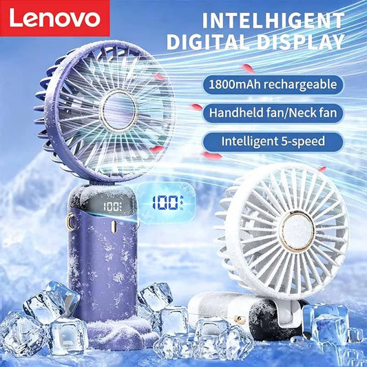 Lenovo Portable Handheld Fan Foldable Neck Hanging Fans 5 Speed USB Rechargeable Fan with Phone Stand & Display Screen 1800mAh