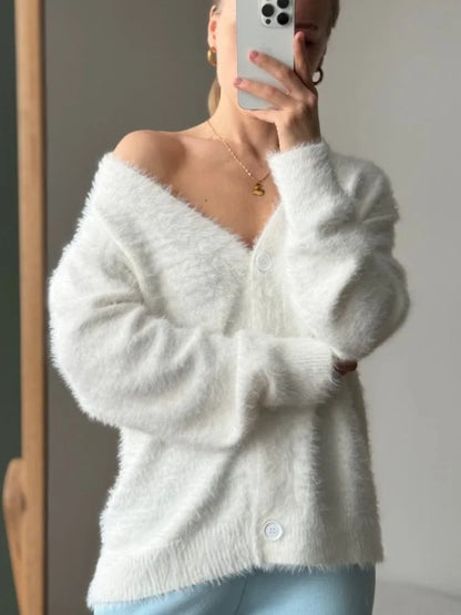 Women New Knitted Thick Cashmere Wool Cardigan Chic V Neck Single Breasted Fashion Long Sleeve Sweater Fall Winter Coat Outwear