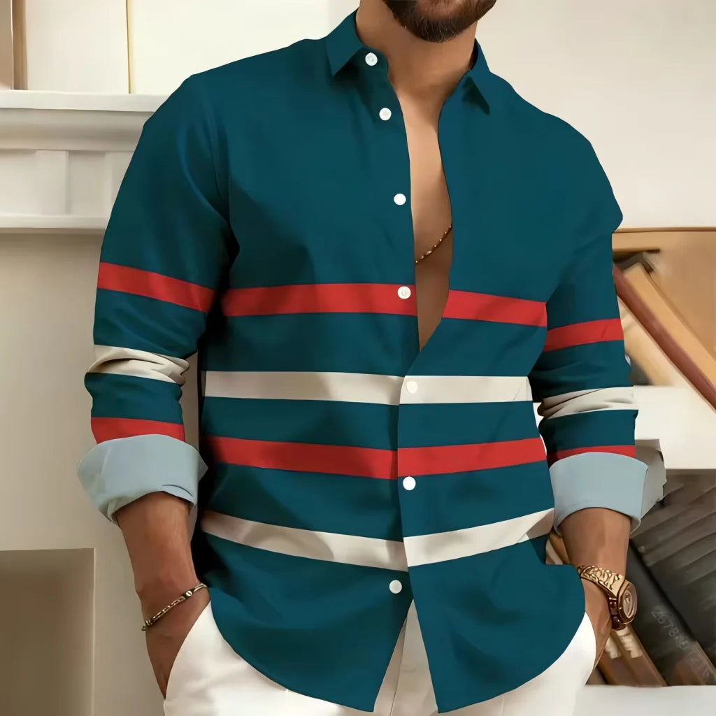 Striped Printed Men's Long Sleeved Shirt, Casual and Comfortable, Fashionable and Trendy, Street Outdoor, Soft Fabric
