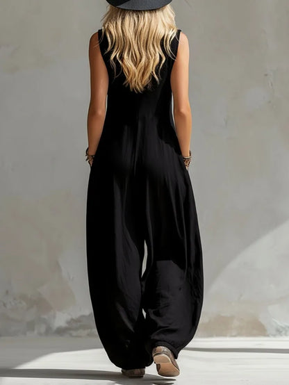 UOOZEE 2026 New Women's Sleeveless Casual Black Jumpsuit V Neck Button Front Pockets Wide Leg Overalls Loose Vacation Romper