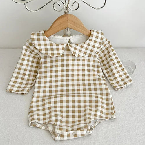 2024 New Spring Children Clothes Toddler Baby Girls Romper Long Sleeved Cotton Lattice Printing Infant Baby Girls Jumpsuit