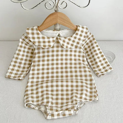 2024 New Spring Children Clothes Toddler Baby Girls Romper Long Sleeved Cotton Lattice Printing Infant Baby Girls Jumpsuit