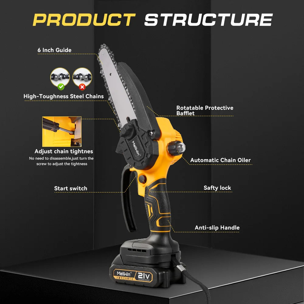 MELLWIN 6 Inch Cordless Electric Chain Saw Garden Mini Pruning saw Woodworking Electric Cutting Saw For Makita 18V Battery Pin