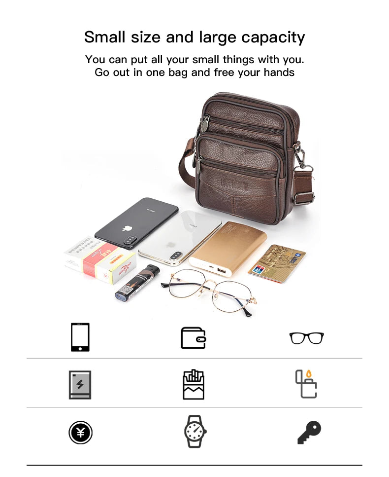 Men's Genuine Leather Crossbody Bag High Quality Zipper Pocket Retro Business Messenger Bag for Men