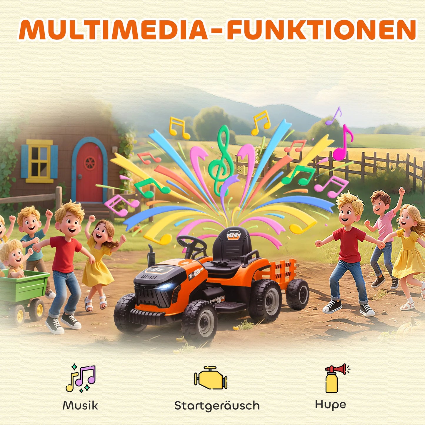 Electric tractor for children, ride-on tractor with remote control, soft start, for children aged 3 to 8, Orange