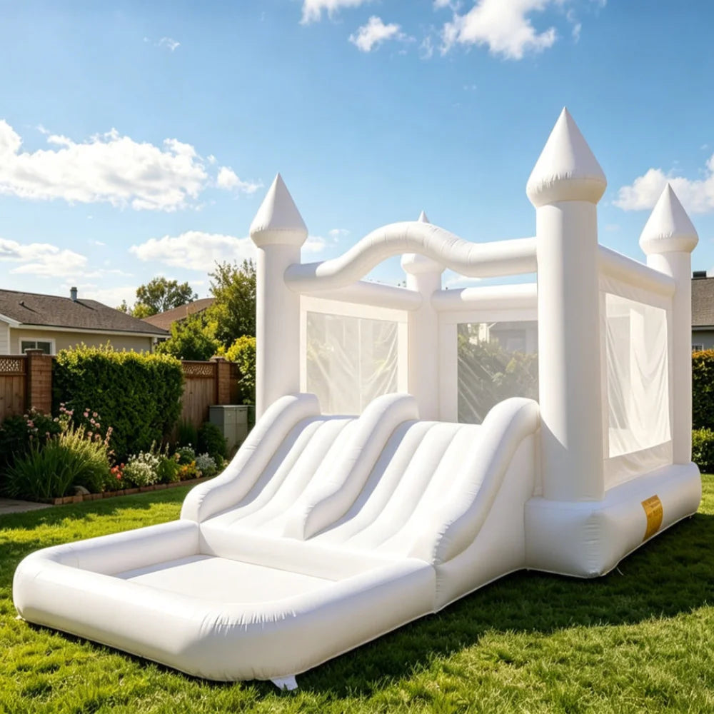 Inflatable Bounce House Bouncy Castle with Slide White Playhouse Commercial Outdoor Blow Up Jumping House Party Rental Birthday