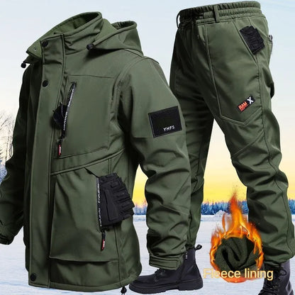 Autumn And Winter Solid Color Hooded And Velvet Assault Set Outdoor Labor Protection Suit Casual Mountaineering Work Suit