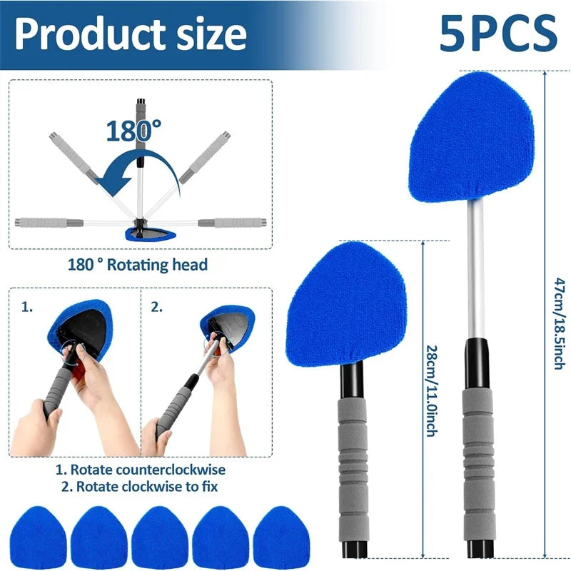 Car Window Cleaner Brush Kit Microfiber Windshield Cleaning Tool Auto Interior Glass Wash Wiper Long Handle Cleaning Brush