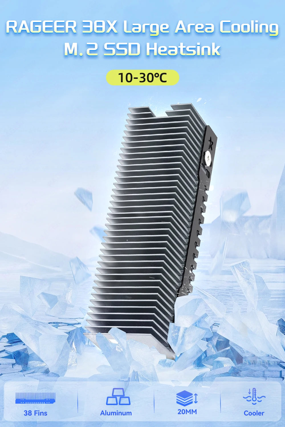 RAGEER M.2 SSD Cooler, Heavy Duty Aluminum Convection Heat Sink, NVME NGFF Cooler, Passive Heat Sink with 38 Fins - FrostBlade 1