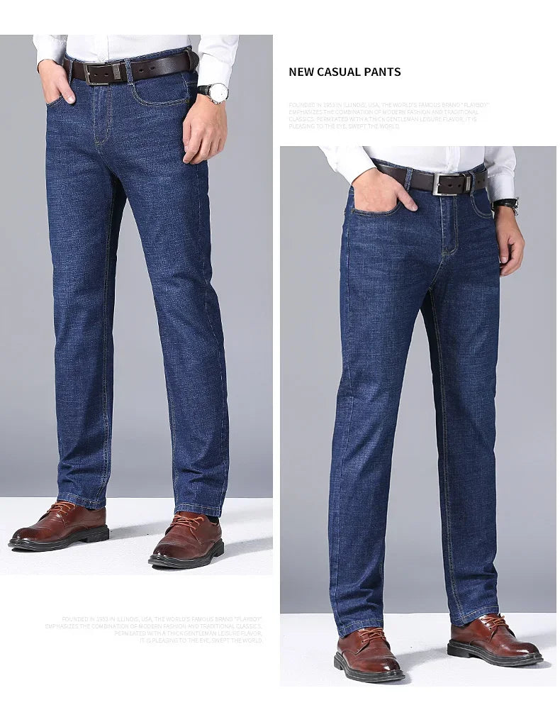 Men Fashion Straight Jeans Mens 2025 New Stretch Slim Fit Pants Comfortable Soft Business Denim Trousers Male Brand Clothing
