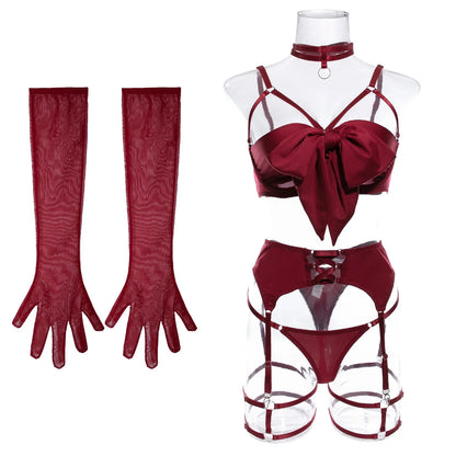 sexy lingerie set Bow bra Black Temptation Bra Set Belt Hollowed Out Gathering Four Piece underwear women Set Erotic Sleepwear