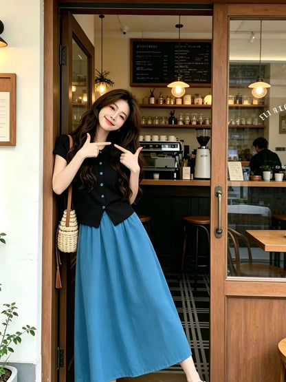 Women High Waist Elastic Waist Midi Skirt Flowy A Line Loose Long Casual Skirt