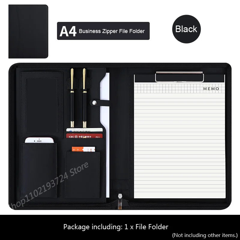 Executive Business A4 Leather Portfolio Folder Clipboard for Zippered Desk Organizer Document Briefcase Calculator for Office