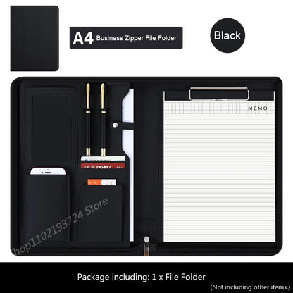 Executive Business A4 Leather Portfolio Folder Clipboard for Zippered Desk Organizer Document Briefcase Calculator for Office