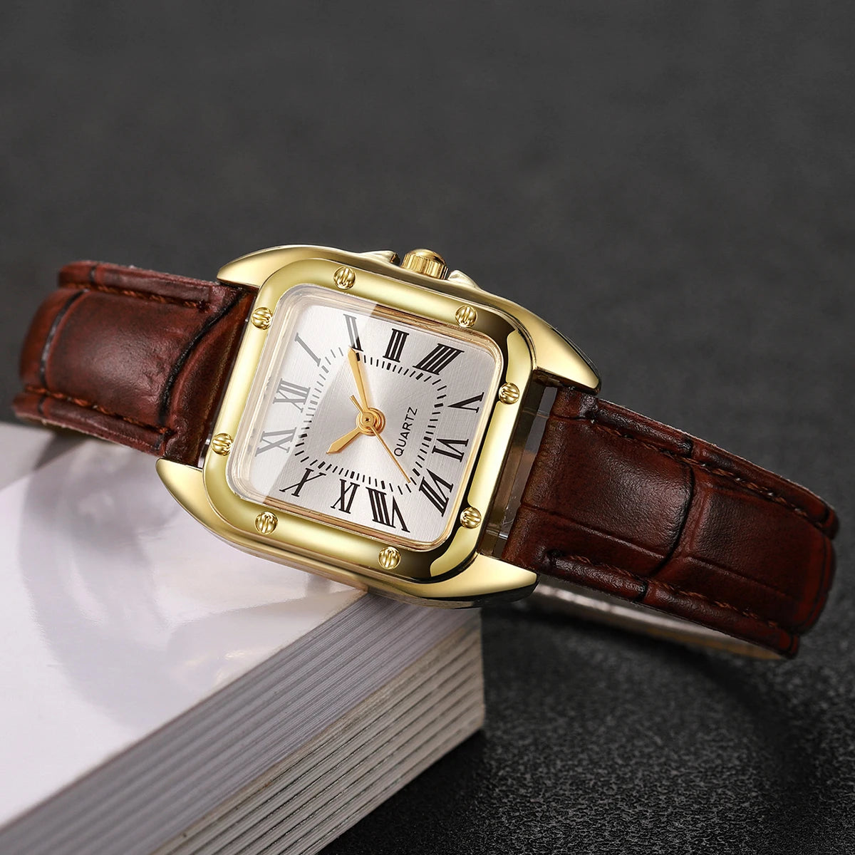 Fashion Square Women Leather Strap Wristwatches Casual Roma Dial Quartz Watch For Ladies Clock Relogio Feminino (Without Box)