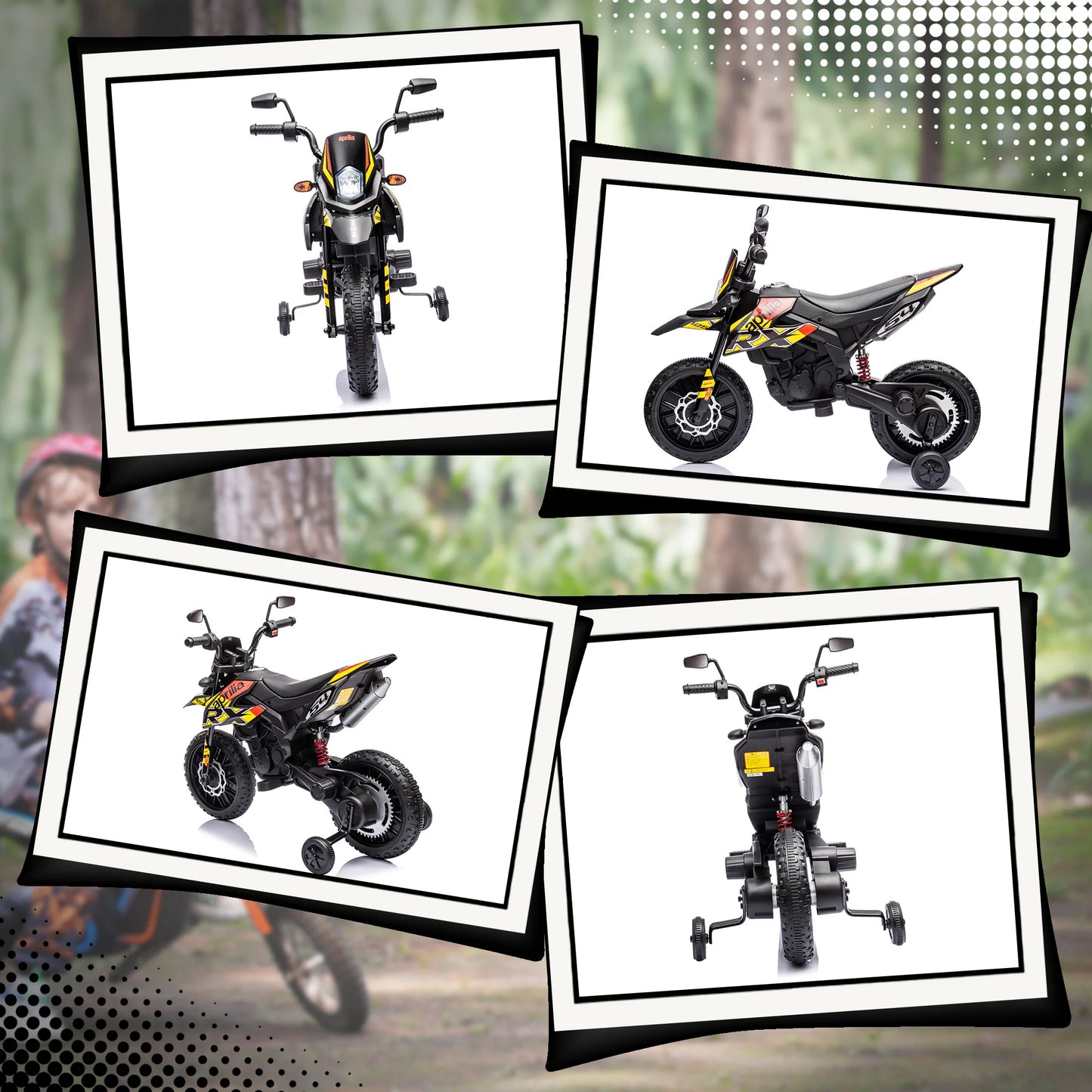 12V children's motorbike with training wheels, LED light, music, USB, electric motorcycle, yellow, toy motorbike, electric pushchair, riding motorbike