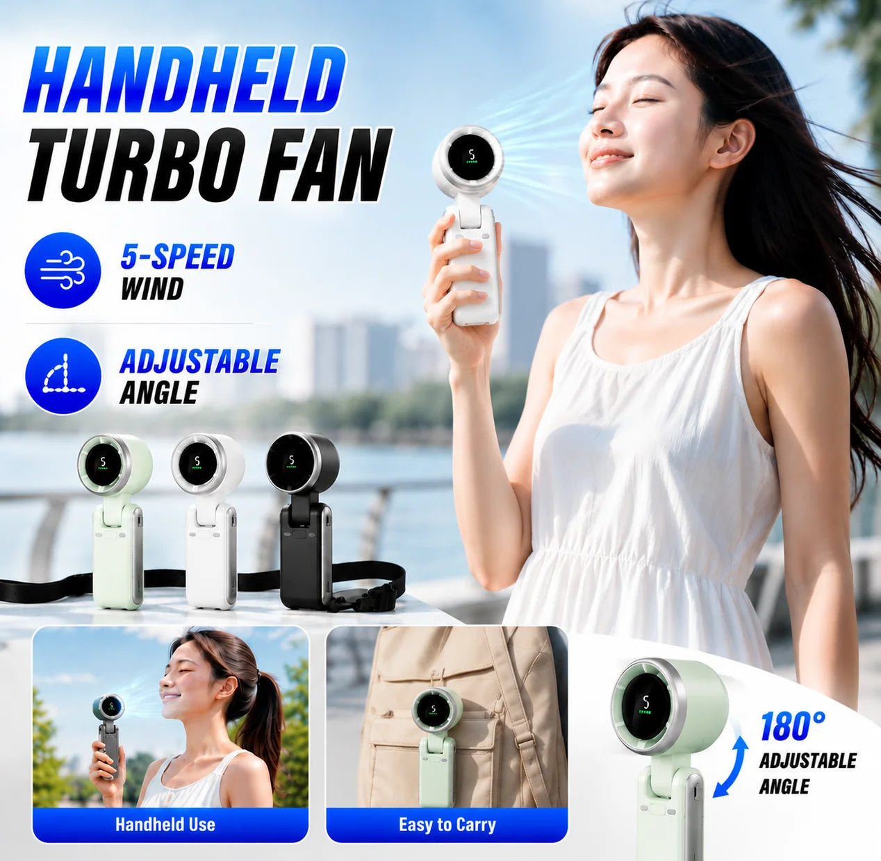 Mini Fan Portable Handheld Fan 5 Speed Wind Speed LED Display Outdoor Foldable/neck Hanging Brushless Silent Fan 2400mah