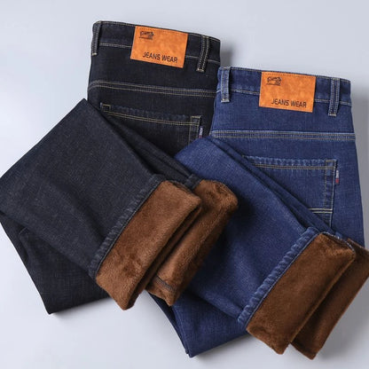 Brand Autumn Winter Warm Flocking Denim Soft Man Activities Fleece Line Men Jeans Black Blue Grey Colors