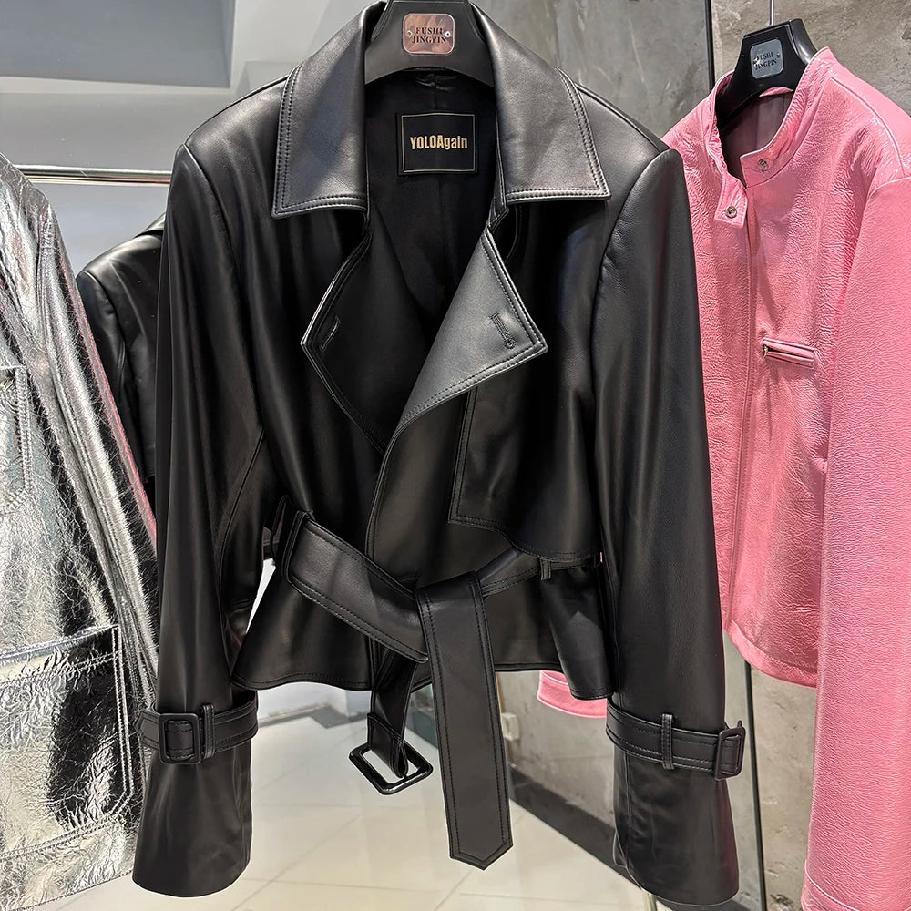 YOLOAgain 2025 Autumn Elegant Real Leather Jacket Coat Women Oversized Leather Jacket With Belt