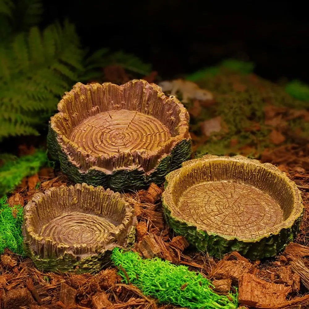Multi-functional Reptile Feeding Bowl Multicolor Tree Stump Shape Crawler Water Basin Faux Stone Leak Proof