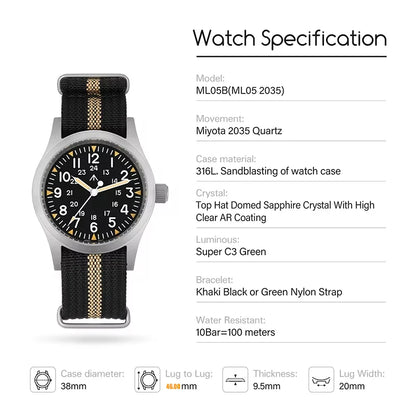 Militado ML05 38mm Military Watch Miyota 2035 Movement Domed Sapphire Crystal C3 Green Luminous 10Bar Waterproof Vintage Watches
