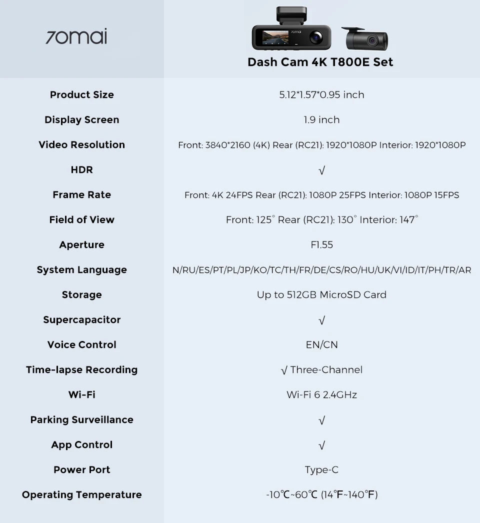 70mai 3-Channel Dash Cam T800E 4K HDR F1.55 Aperture Supercapacitor Voice Control GPS Car DVR 70mai T800E WiFi 6 5GHz