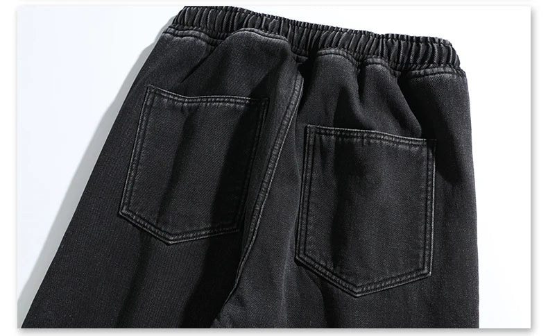 Men's Thicke Fleece Straight Jeans Winter Velvet Thermal Nostalgia Washing Denim Pants Streetwear Elastic Waist Loose Trousers
