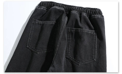 Men's Thicke Fleece Straight Jeans Winter Velvet Thermal Nostalgia Washing Denim Pants Streetwear Elastic Waist Loose Trousers