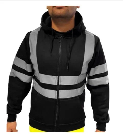 Men Reflective Strip Hoodies Casual Fit Work Safety Jackets Autumn Thin Fleece Hooded Zipper Sweatshirt Coats Workwear For Men