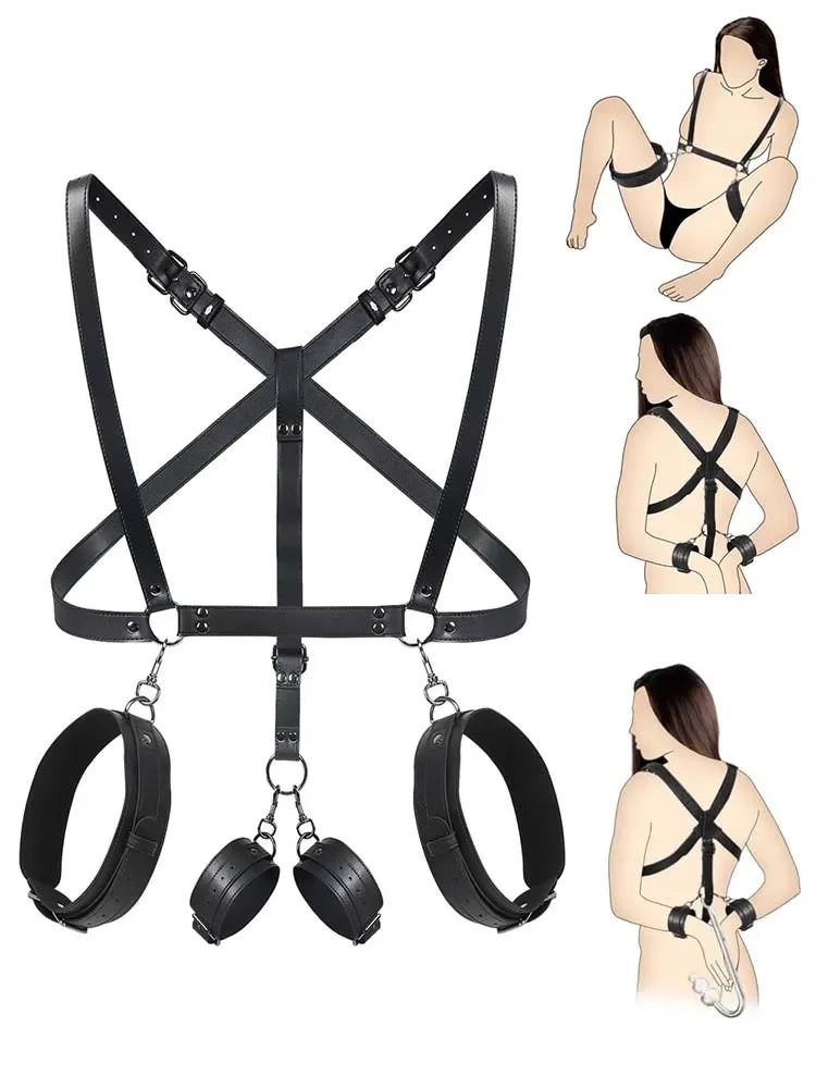 Sexual Bondage Restraint Kit BDSM Leather Thigh Sling Breast Belt Rear Handcuffs Spread Legs Slave Fetish Anal Hooks Fetish