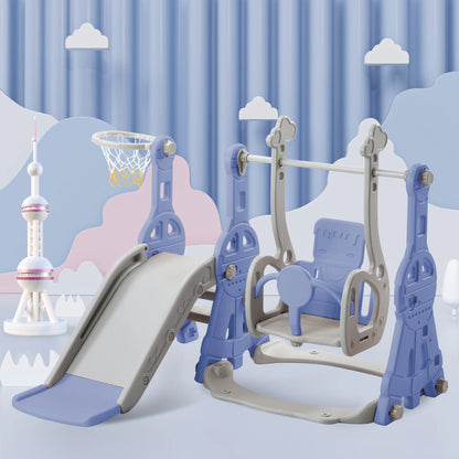 Anajqaqia 4-in-1 Children's Slide and Swing Set with Climbing Ladder & Basketball Hoop, Indoor Outdoor Toddler Play Centre, Blue
