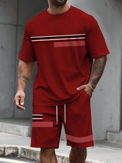 Casual Stripe Printed T-shirt Shorts Set Large Size Loose Men's Short Sleeve Tee Elastic Waist Shorts 2-piece Set Sports Clothes